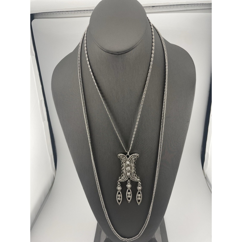 Vintage Goldette Etruscan Necklace Silver Tone Layered Pendant‎ Multi Chain